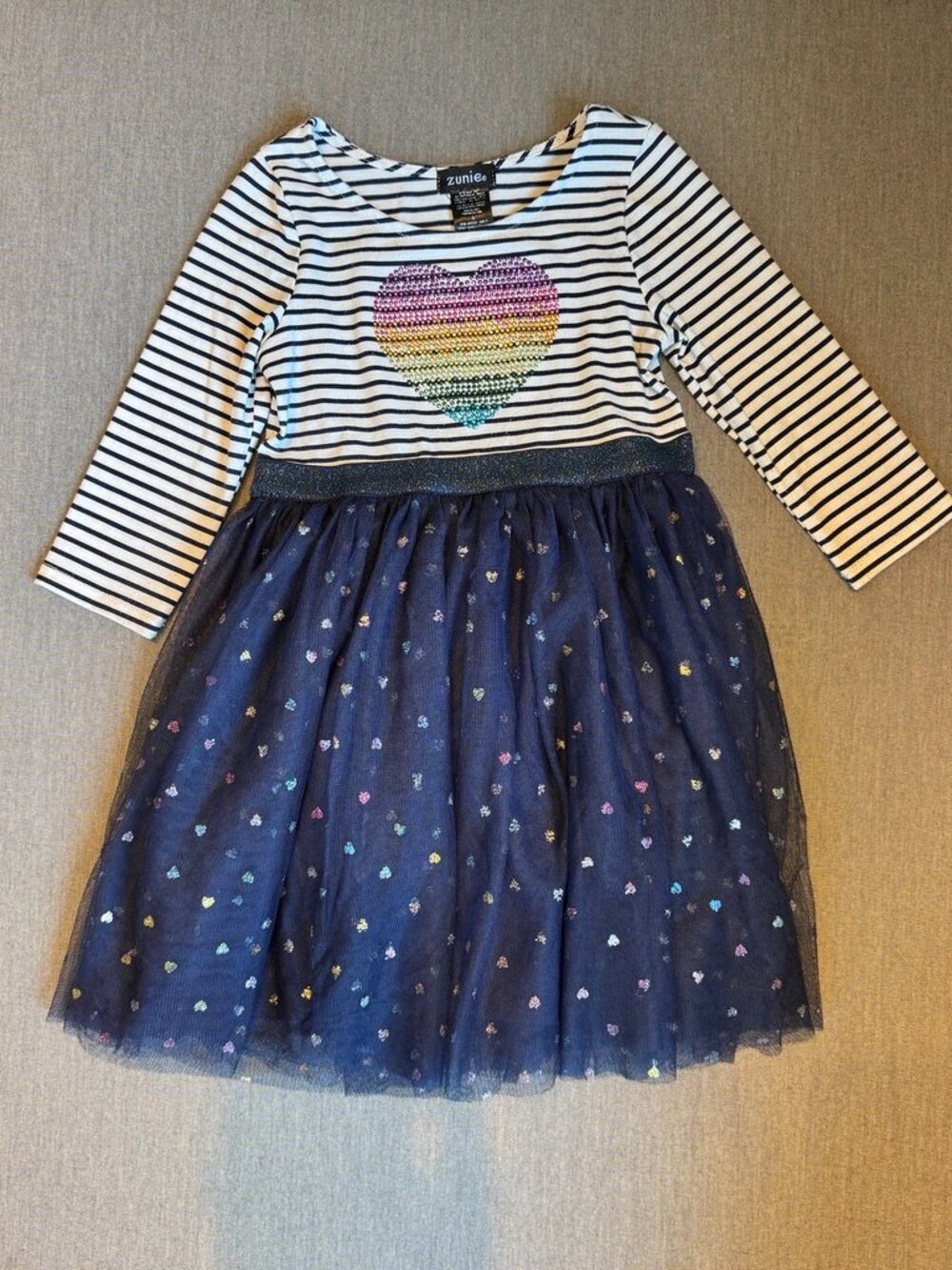 Zunie Girls 5 Dress Navy Lined Tulle Striped Long Sleeve Sequin Rainbow Heart